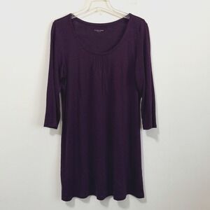 Eileen Fisher Linen‎ Shift Dress L Purple Scoop Neck Pintuck 3/4 Sleeve Pullover